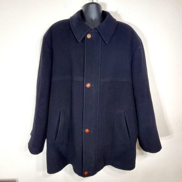 Mario Valente Mens Black Wool & Cashmere Coat Size 44 Fleur-de-lis Buttons Italy - Picture 1 of 14